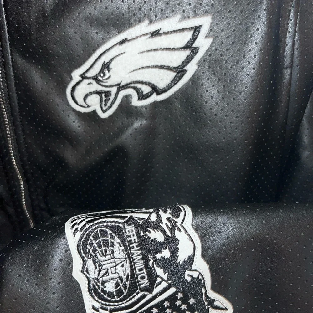 New Jeff Hamilton black NFL Reverse bomber Jacket + garment bag mens XL EAGLES - Picture 10 of 15